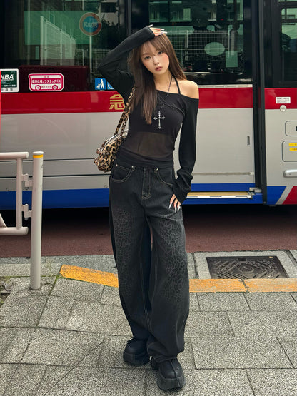 レオパードウォッシュカーブデニムパンツ