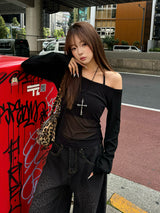 ホルターネックシースルーカットソー - ブラック