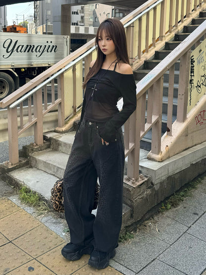 レオパードウォッシュカーブデニムパンツ