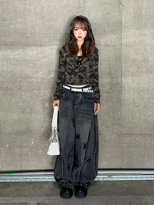 ダメージバレルレッグデニムパンツ