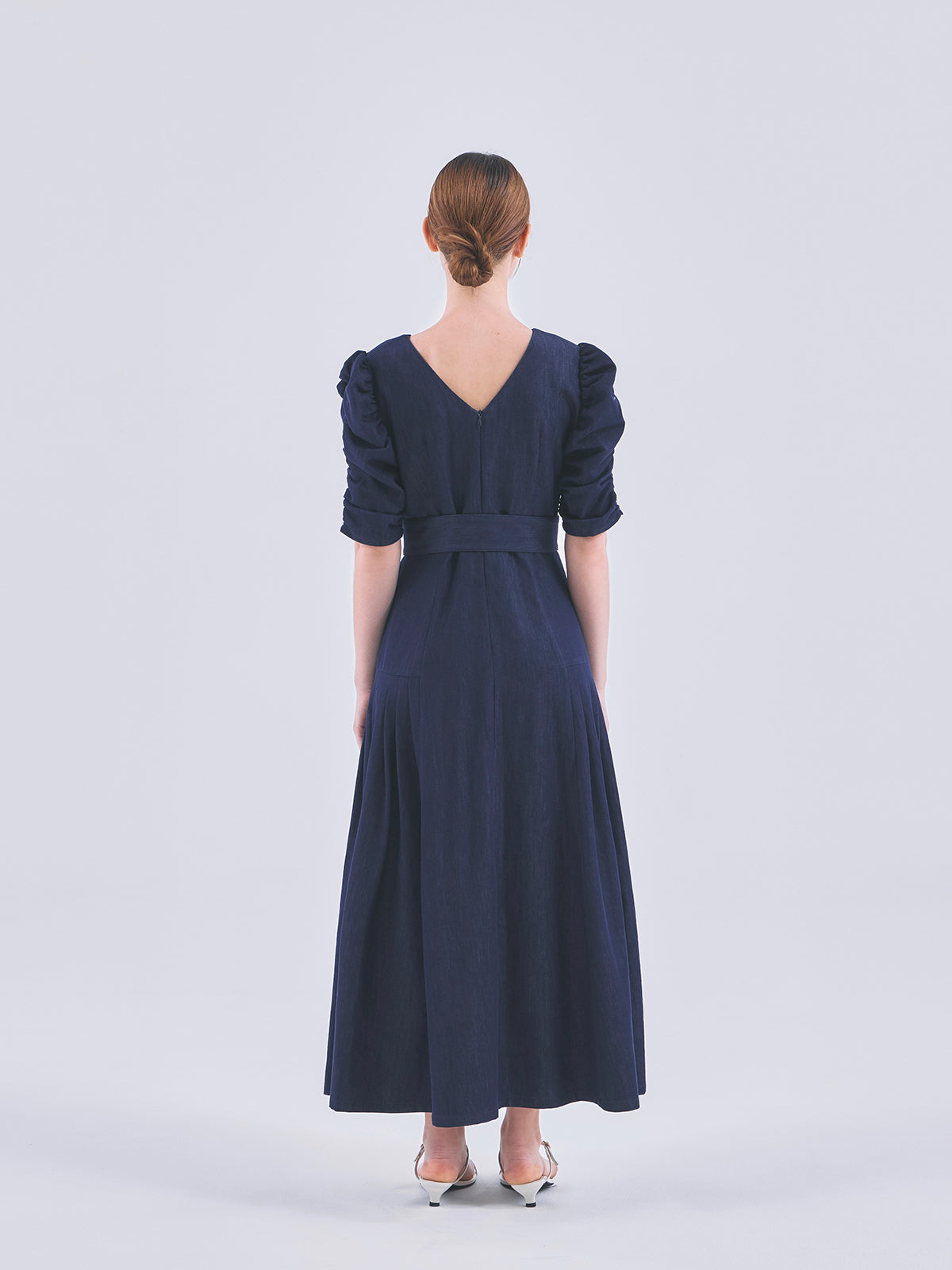 DENIM PUFF SLEEVE BELTED DRESS