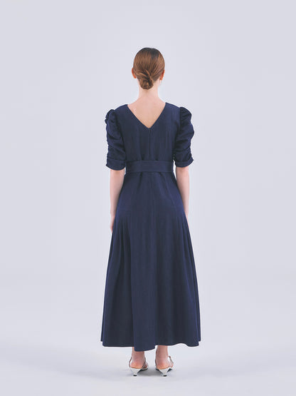 DENIM PUFF SLEEVE BELTED DRESS