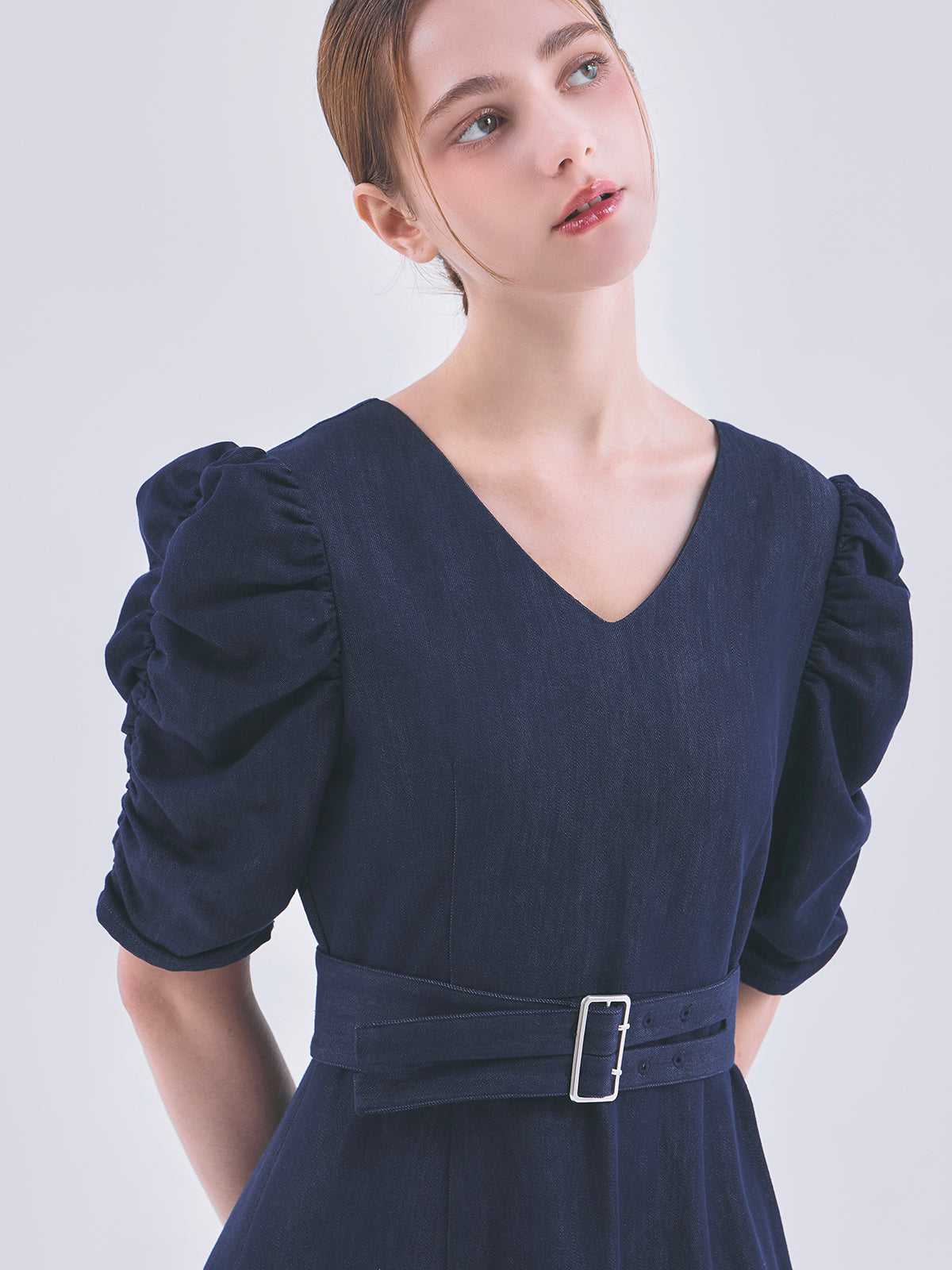 DENIM PUFF SLEEVE BELTED DRESS