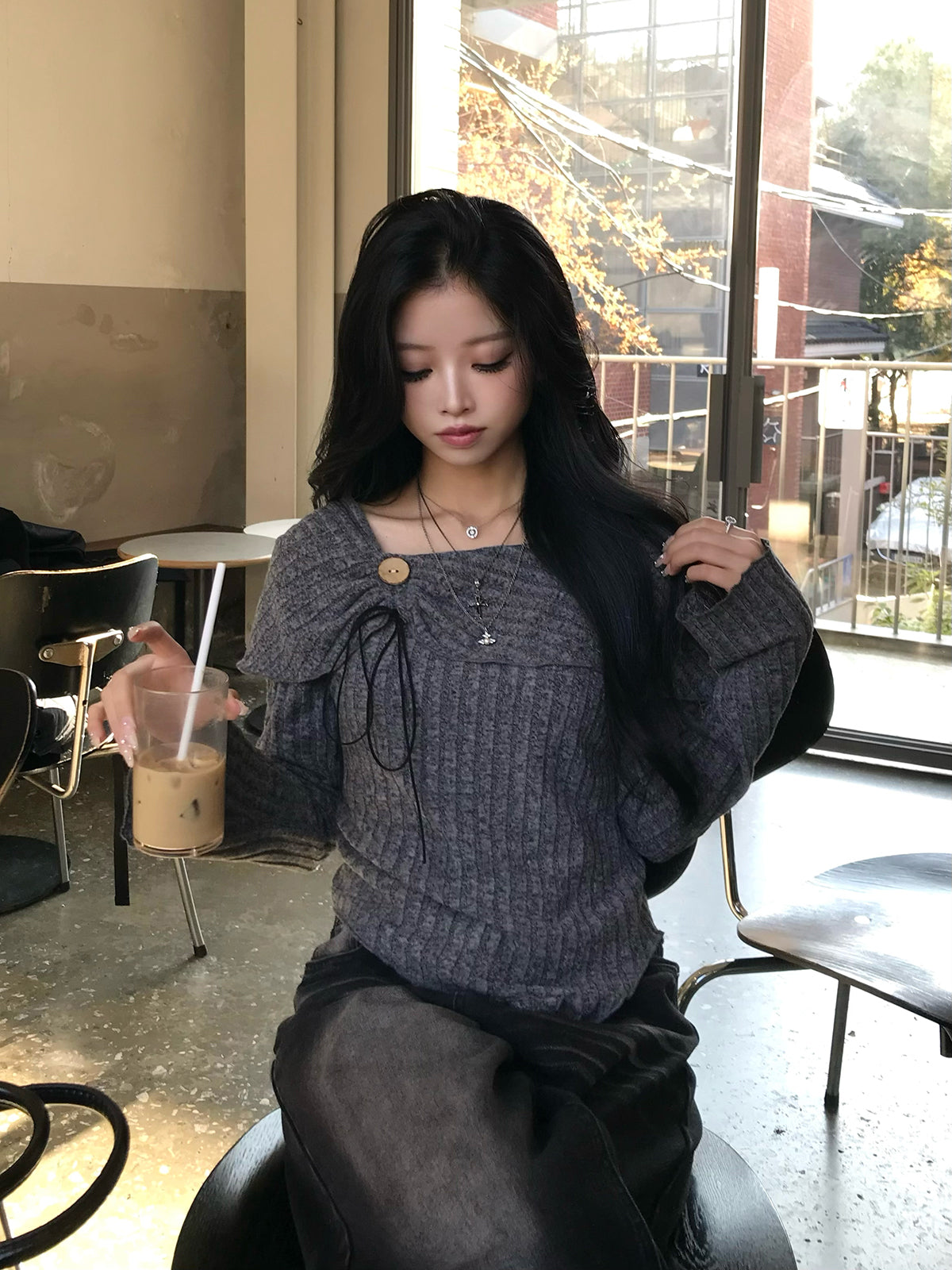 リボンギャザーボタンリブカットソー