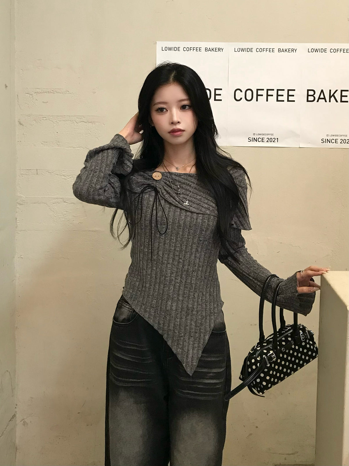 リボンギャザーボタンリブカットソー