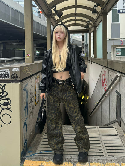 レオパードワイドストレートデニムパンツ
