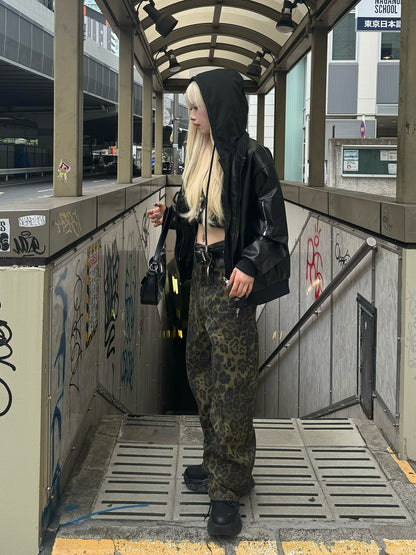 レオパードワイドストレートデニムパンツ