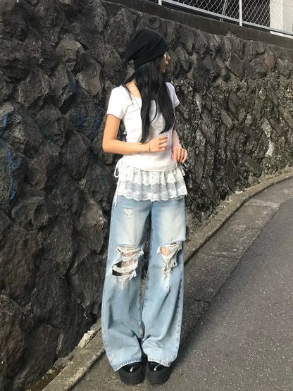 层叠蕾丝破损牛仔裤