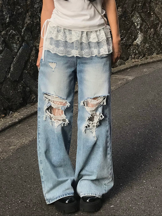 レイヤードレースダメージデニムパンツ