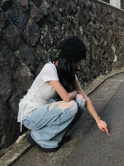层叠蕾丝破损牛仔裤