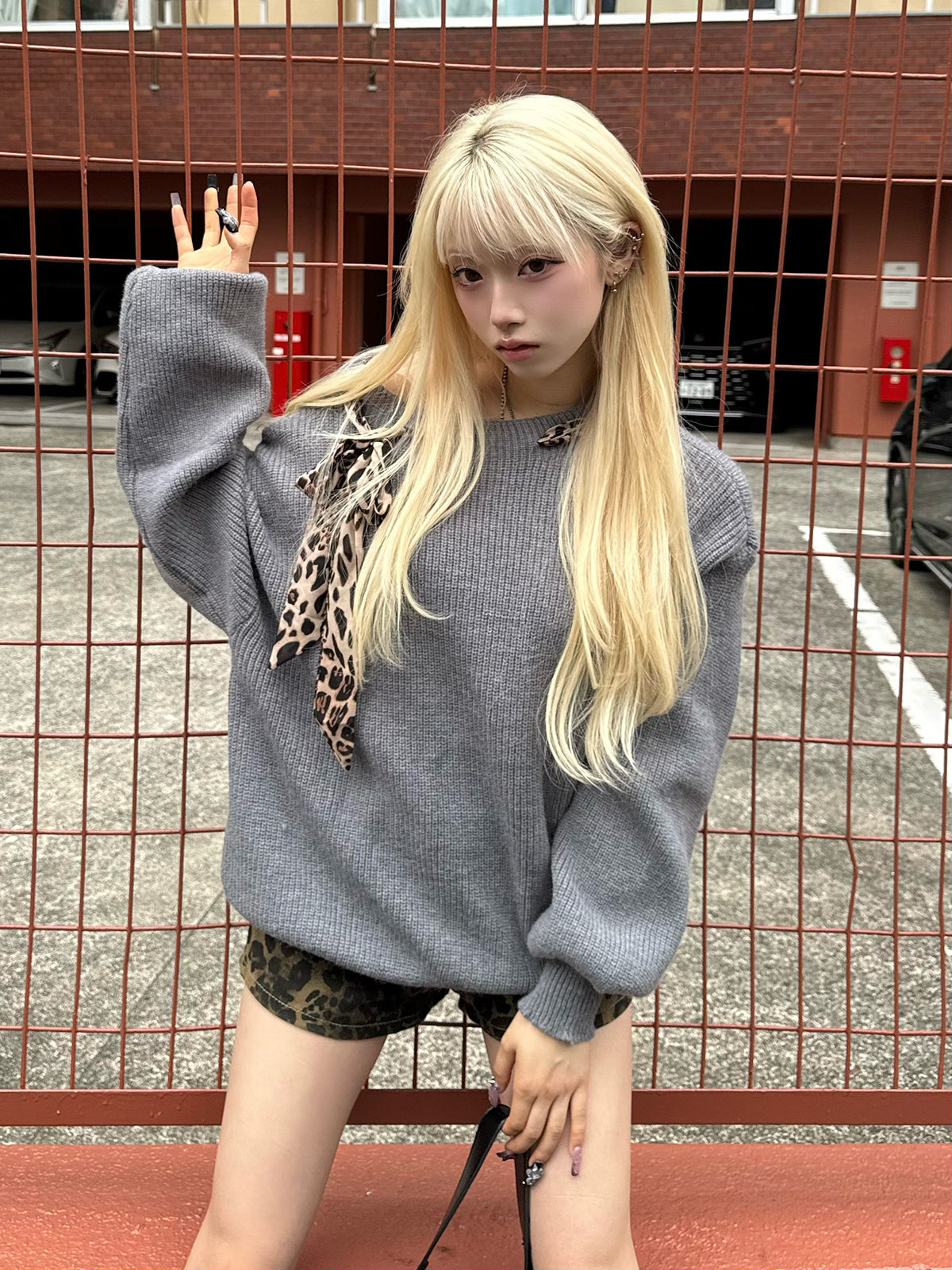 レオパードスカーフワンショルニット