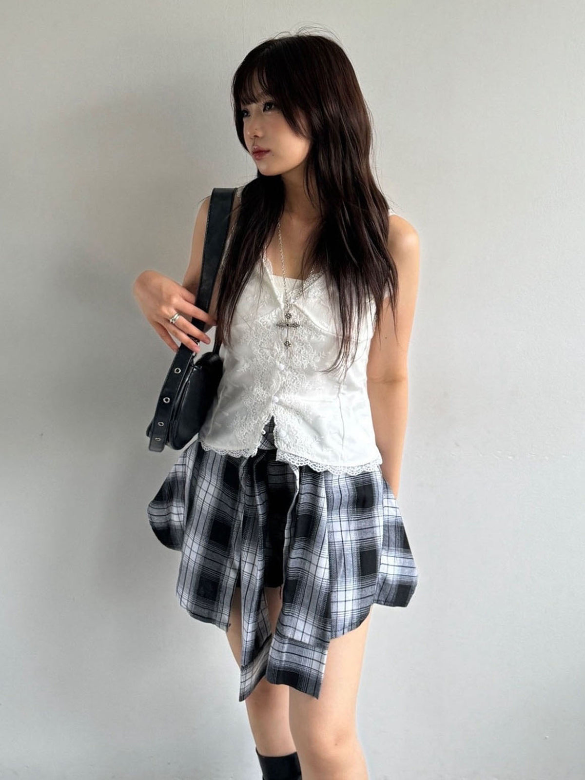 Waist design check short pants