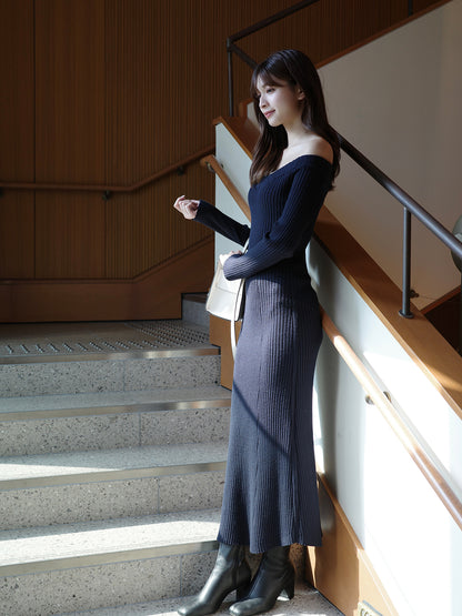 オフショルリブニットワンピース