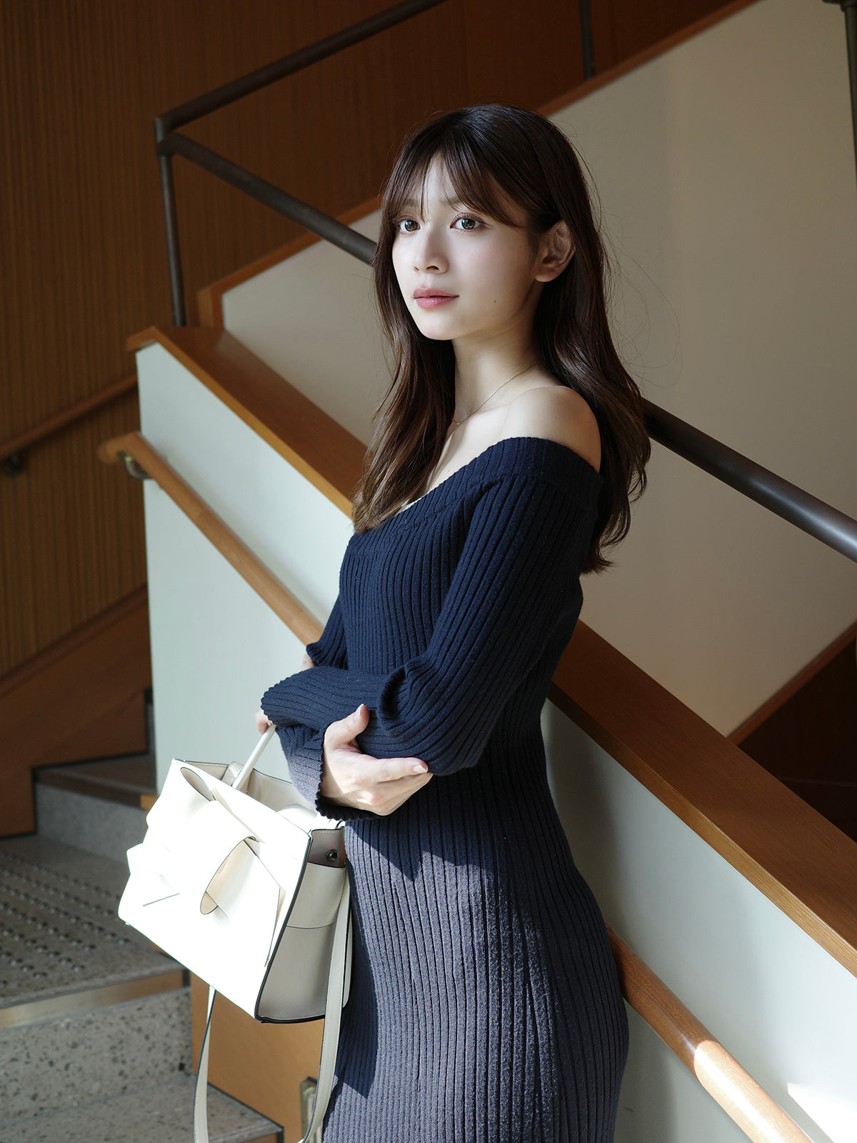 オフショルリブニットワンピース