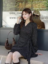 ウエストタイドットミニワンピース - ブラック