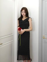 フリルショルダーリボンワンピース - ブラック