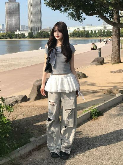 フリルセットブラックダメージデニムパンツ