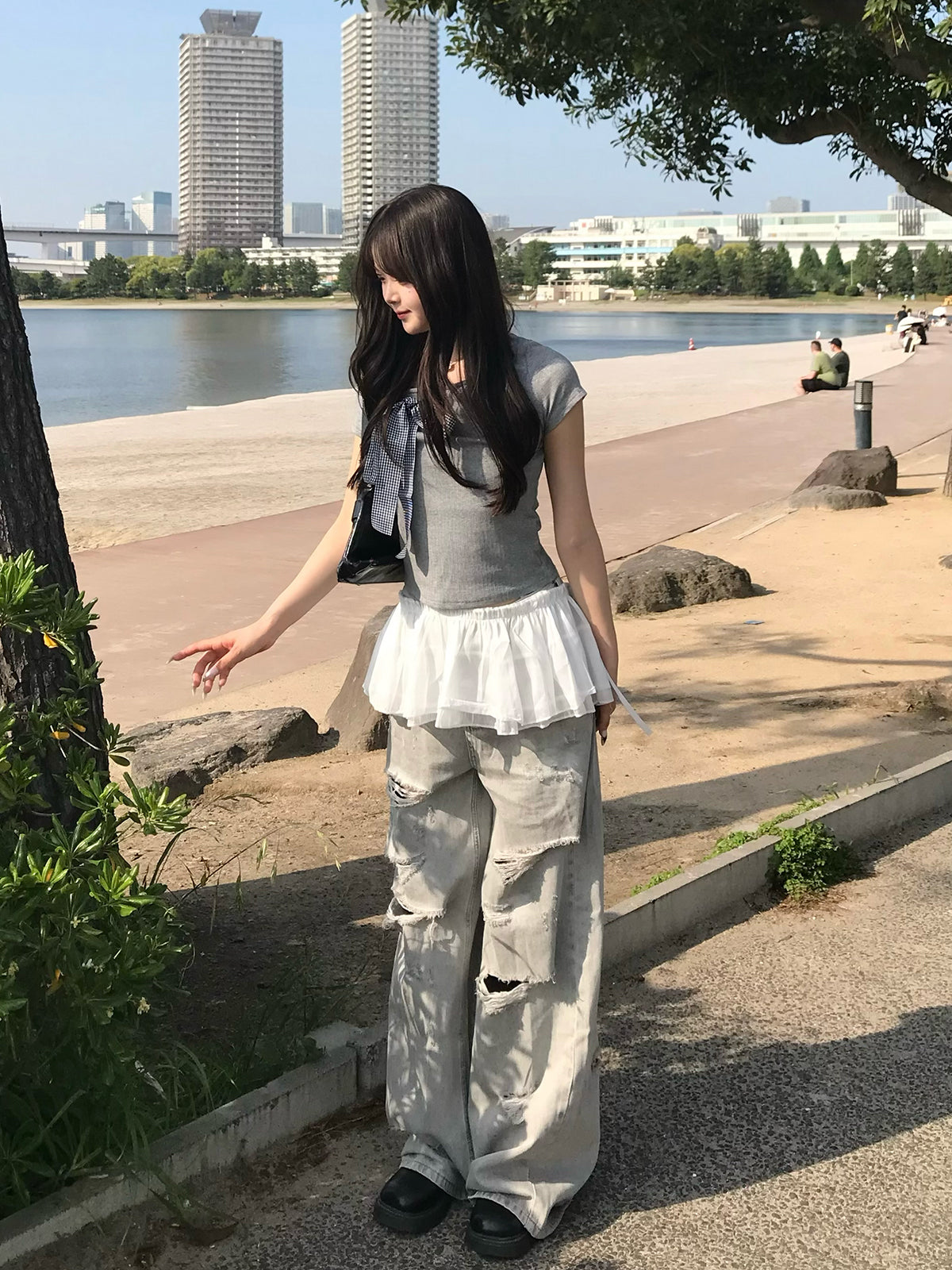 ギンガムチェックリボンカットソー