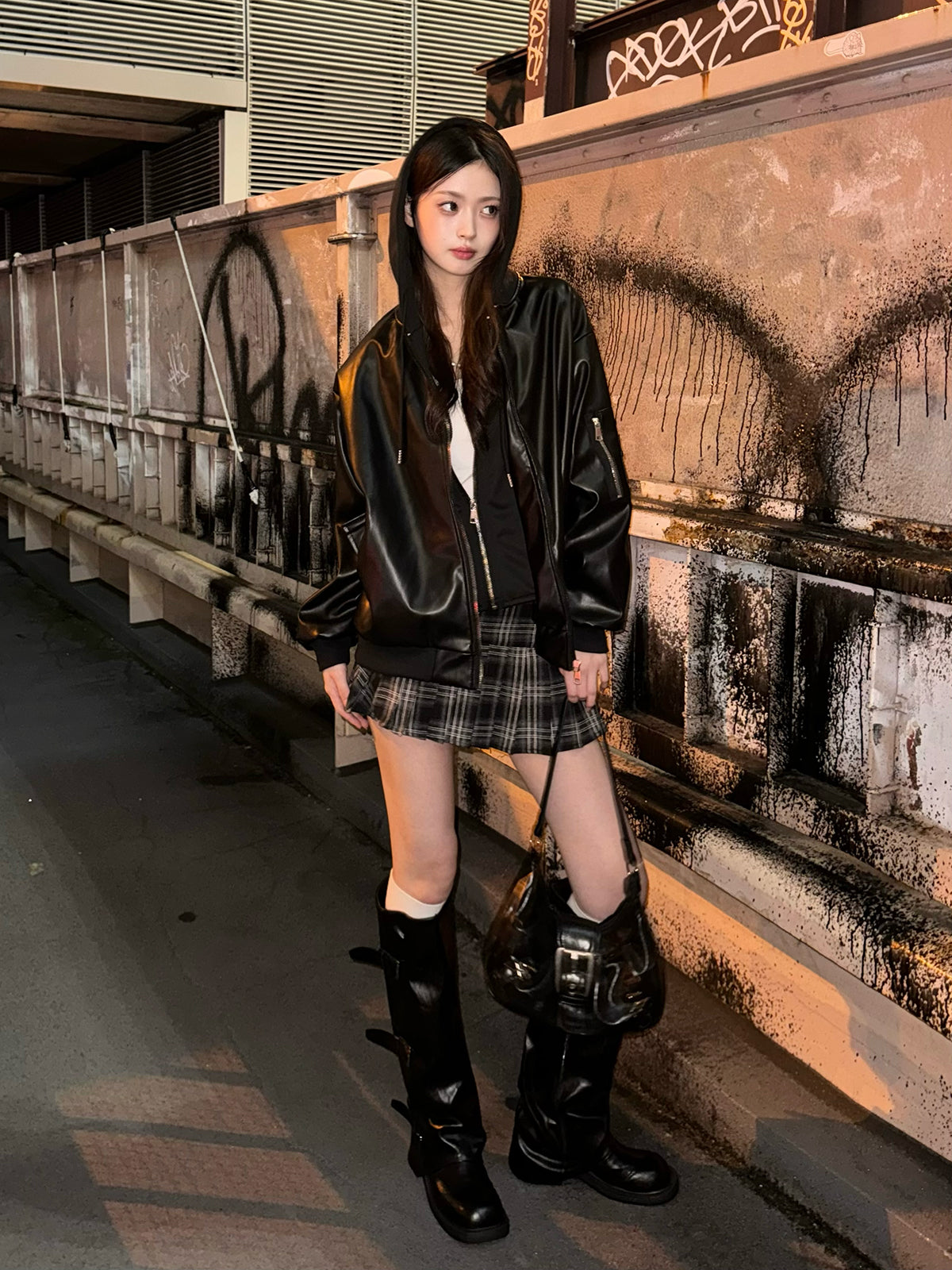 フーディージップレザータッチジャケット