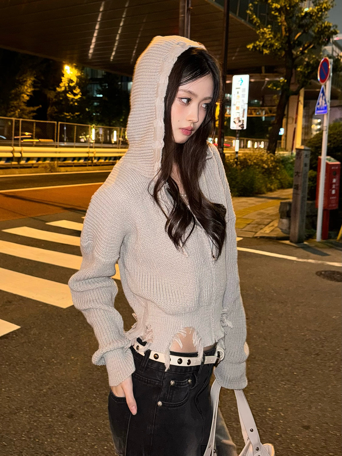 ダメージニットダブルジップパーカー