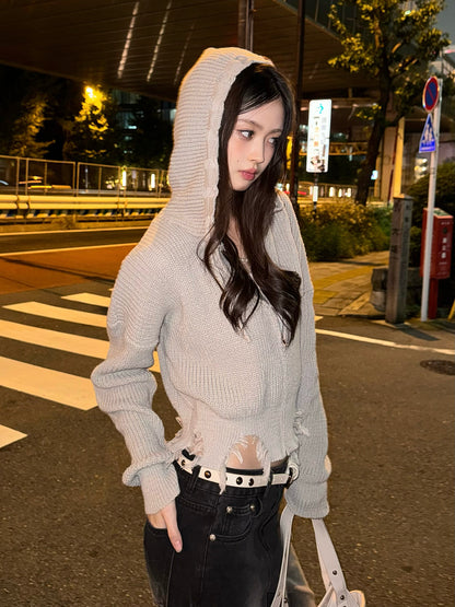 ダメージニットダブルジップパーカー