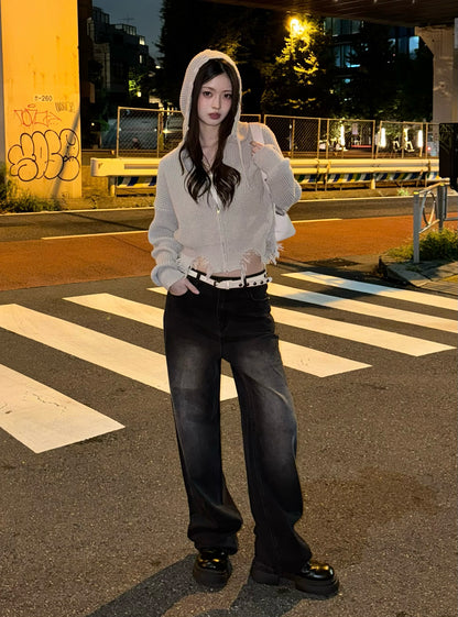 ダメージニットダブルジップパーカー