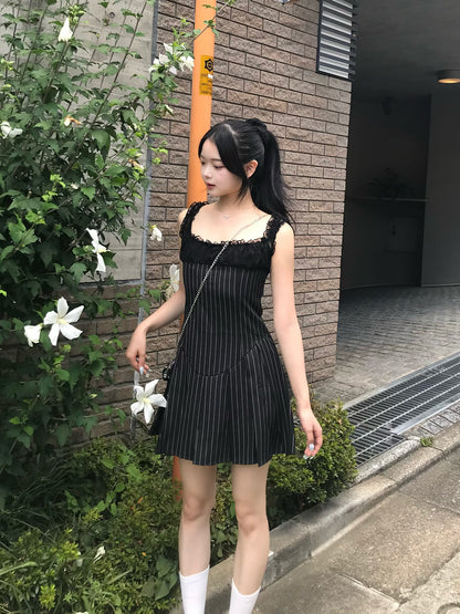 レースストライププリーツミニワンピース