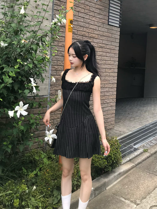 レースストライププリーツミニワンピース