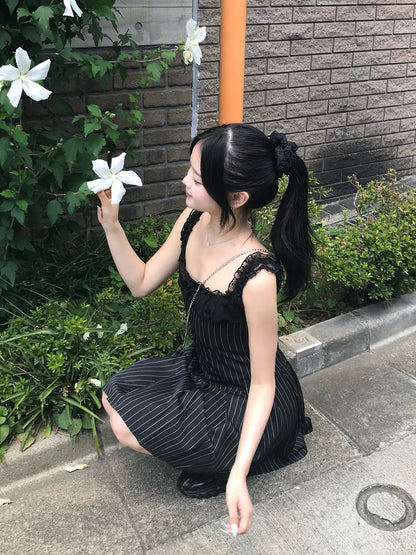 レースストライププリーツミニワンピース