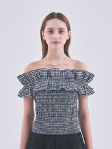 GINGHAM FRILL TOP - ブラック