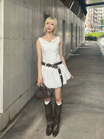 リーフステッチノースリーブミニワンピース