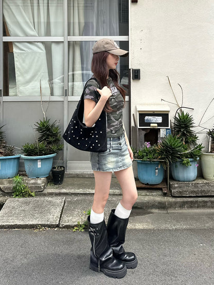 ダブルウエストデニムミニスカパン