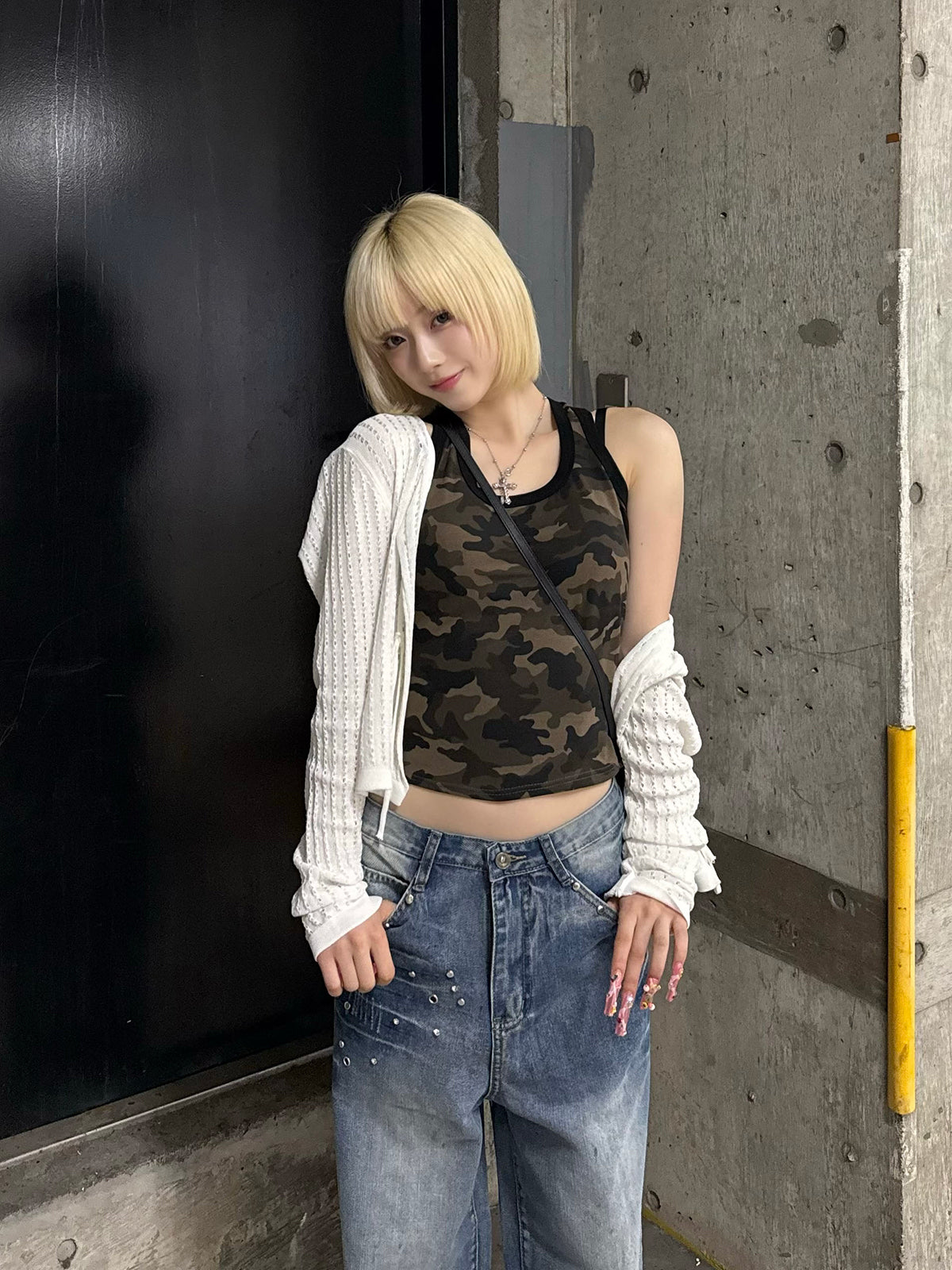 ラインメッシュニットカーディガン