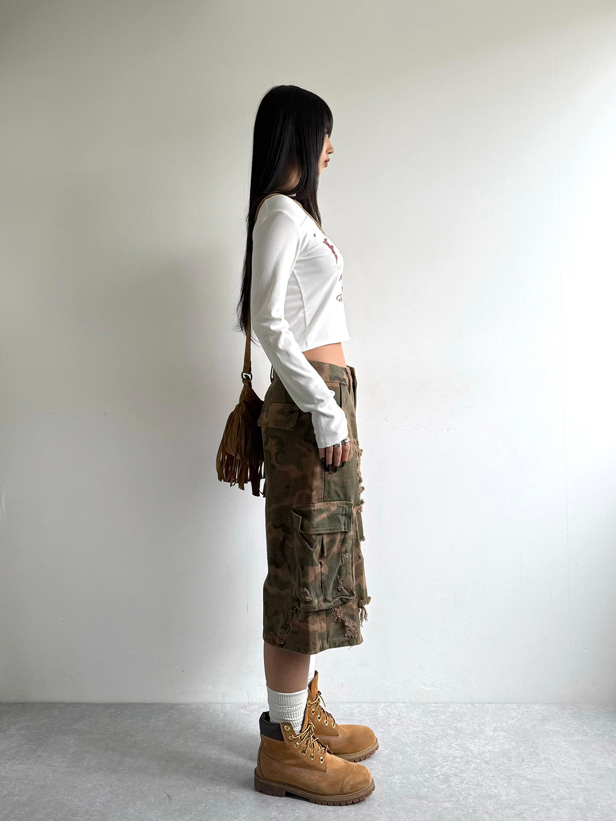 迷彩半损伤 cargo 牛仔裤
