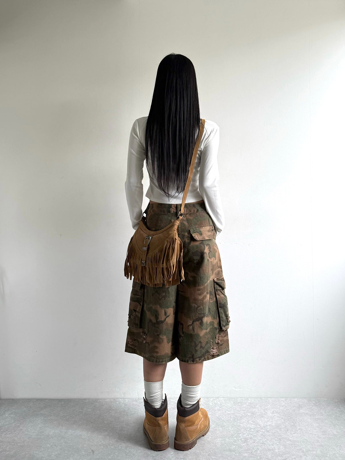 迷彩半损伤 cargo 牛仔裤