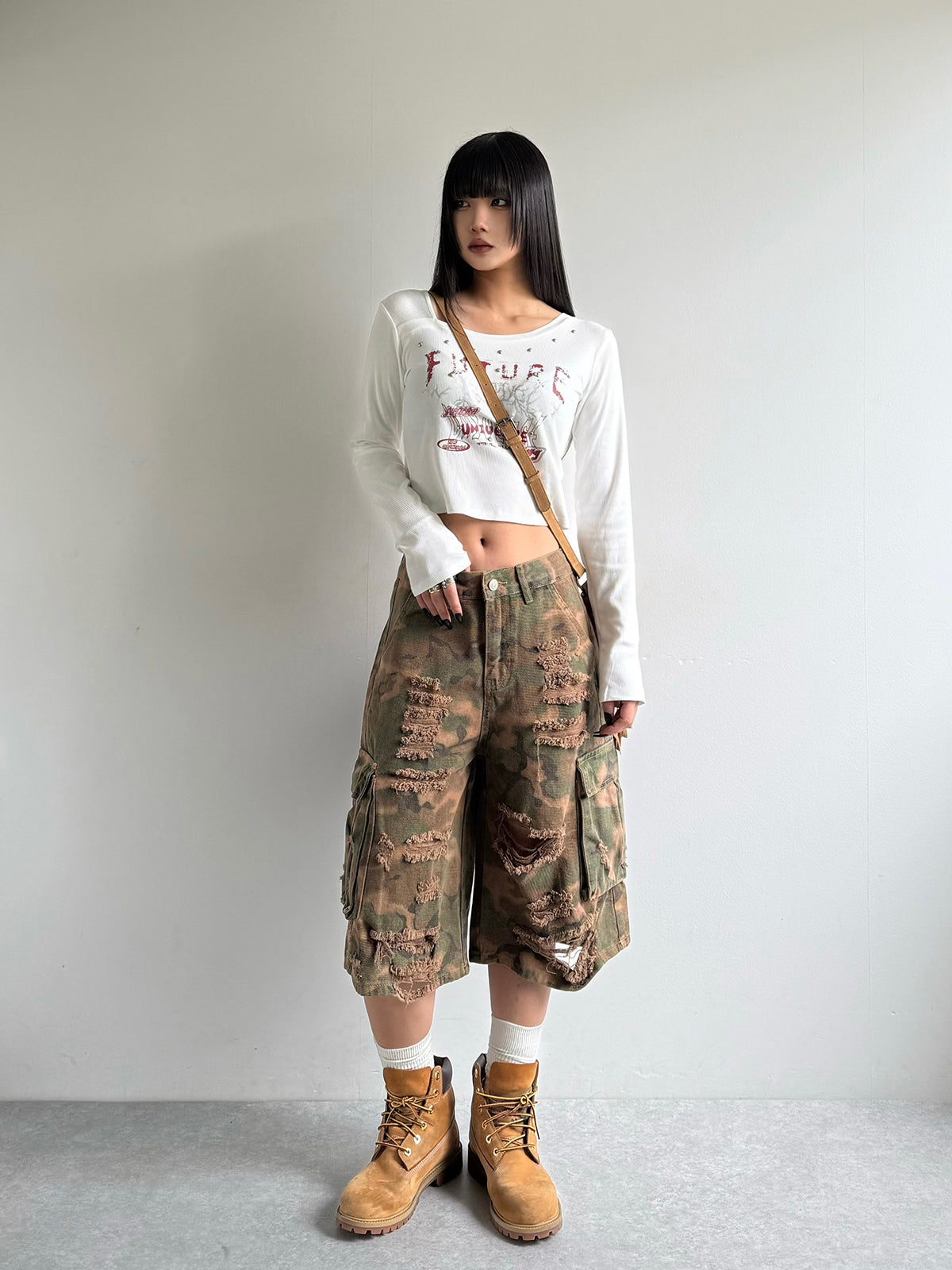 迷彩半损伤 cargo 牛仔裤