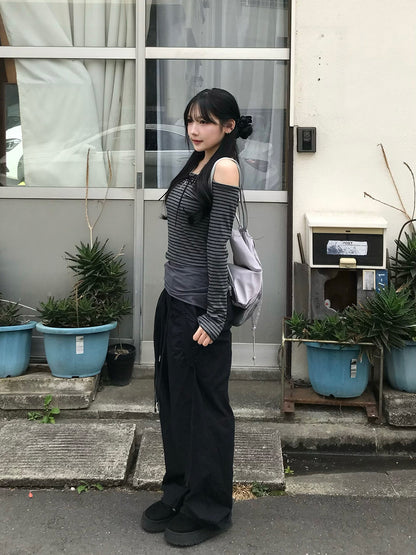 Ribbon Off-Shoulder Striped Cut and Sew