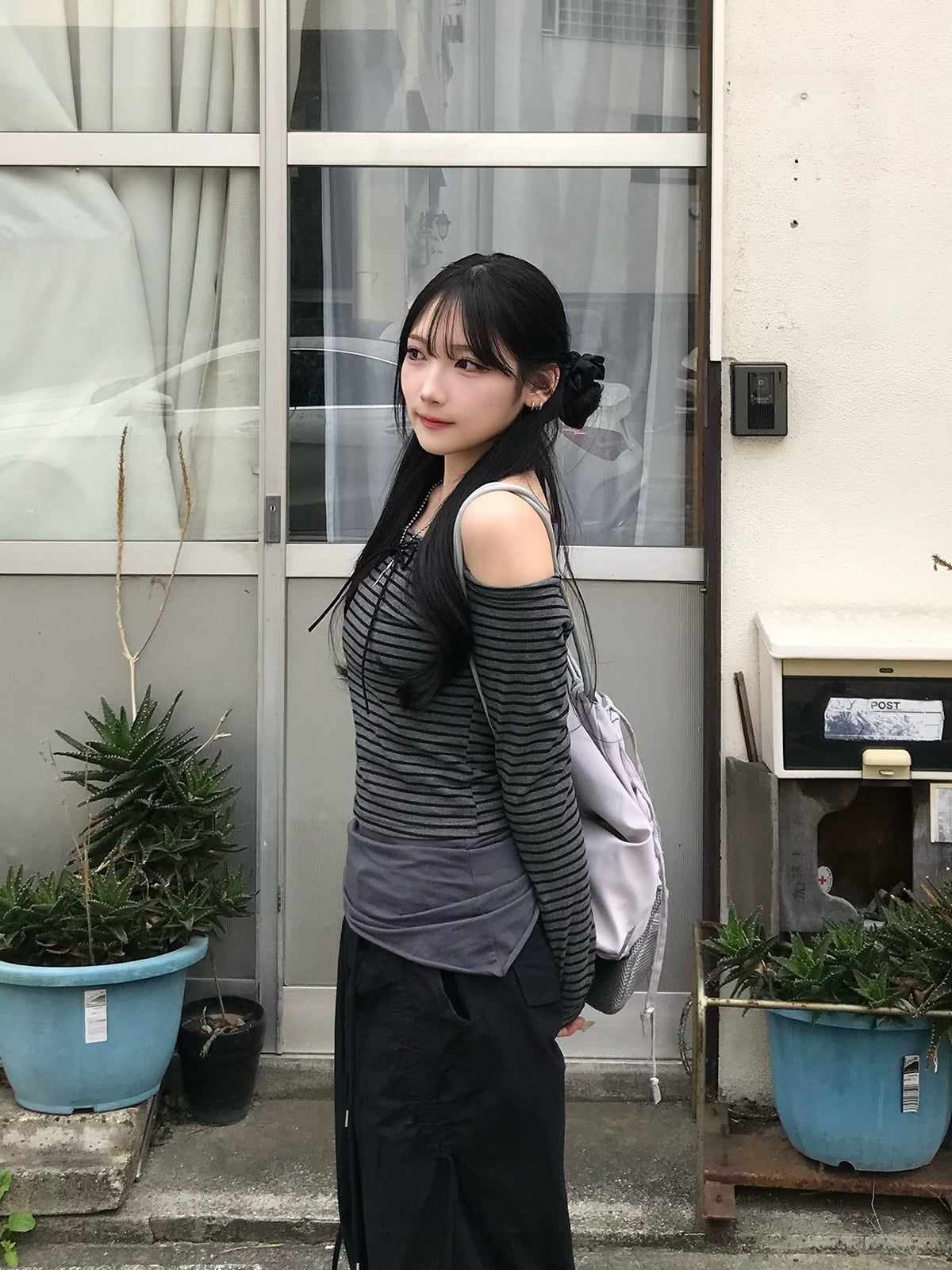 Ribbon Off-Shoulder Striped Cut and Sew