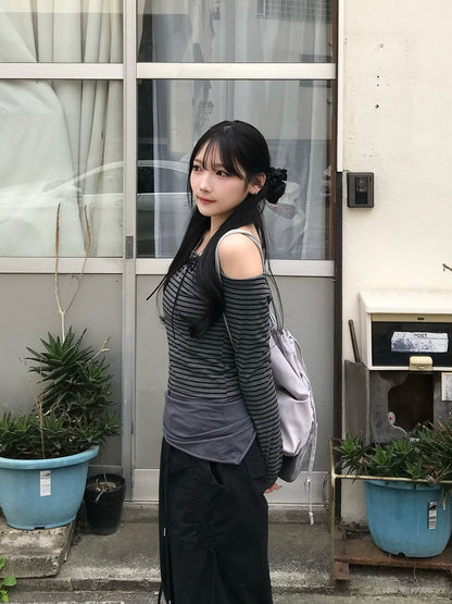 Ribbon Off-Shoulder Striped Cut and Sew
