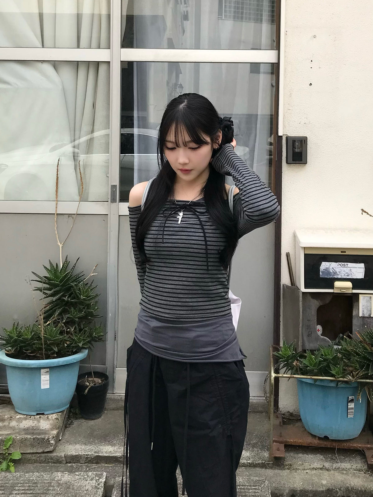 Ribbon Off-Shoulder Striped Cut and Sew
