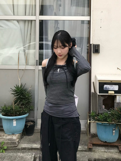 Ribbon Off-Shoulder Striped Cut and Sew