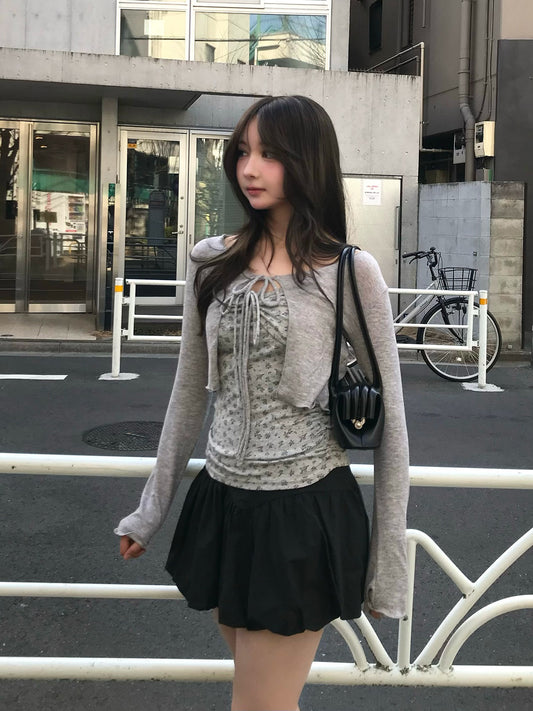 花卉吊帶背心套裝開衫