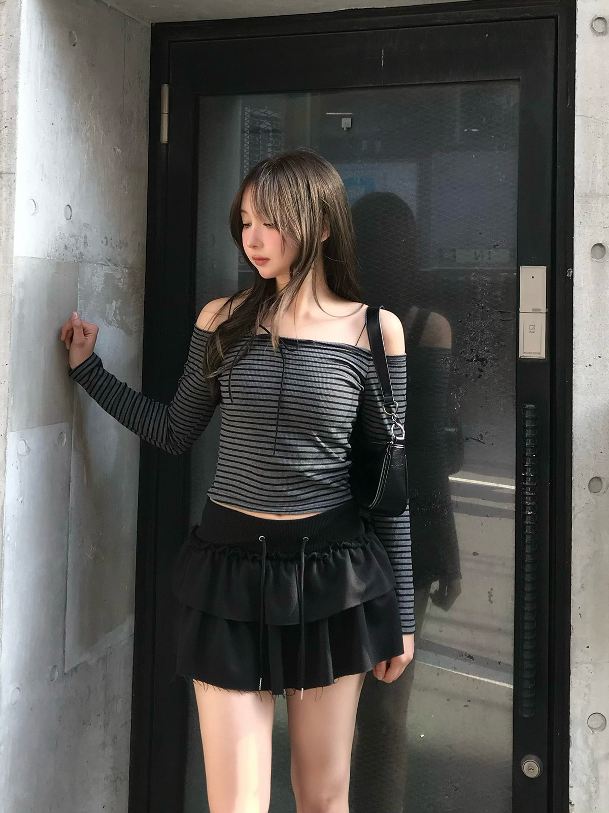 Ribbon Off-Shoulder Striped Cut and Sew