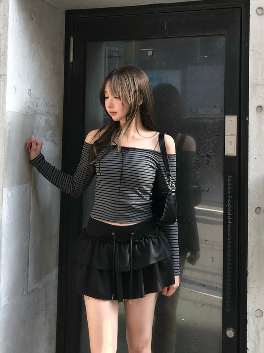 Ribbon Off-Shoulder Striped Cut and Sew