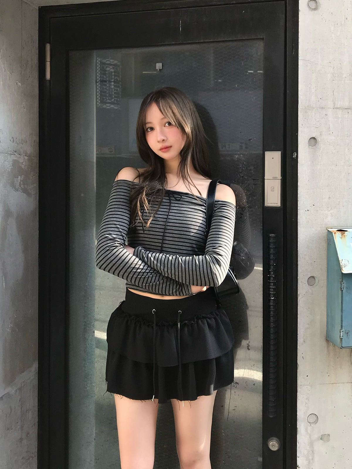 Ribbon Off-Shoulder Striped Cut and Sew