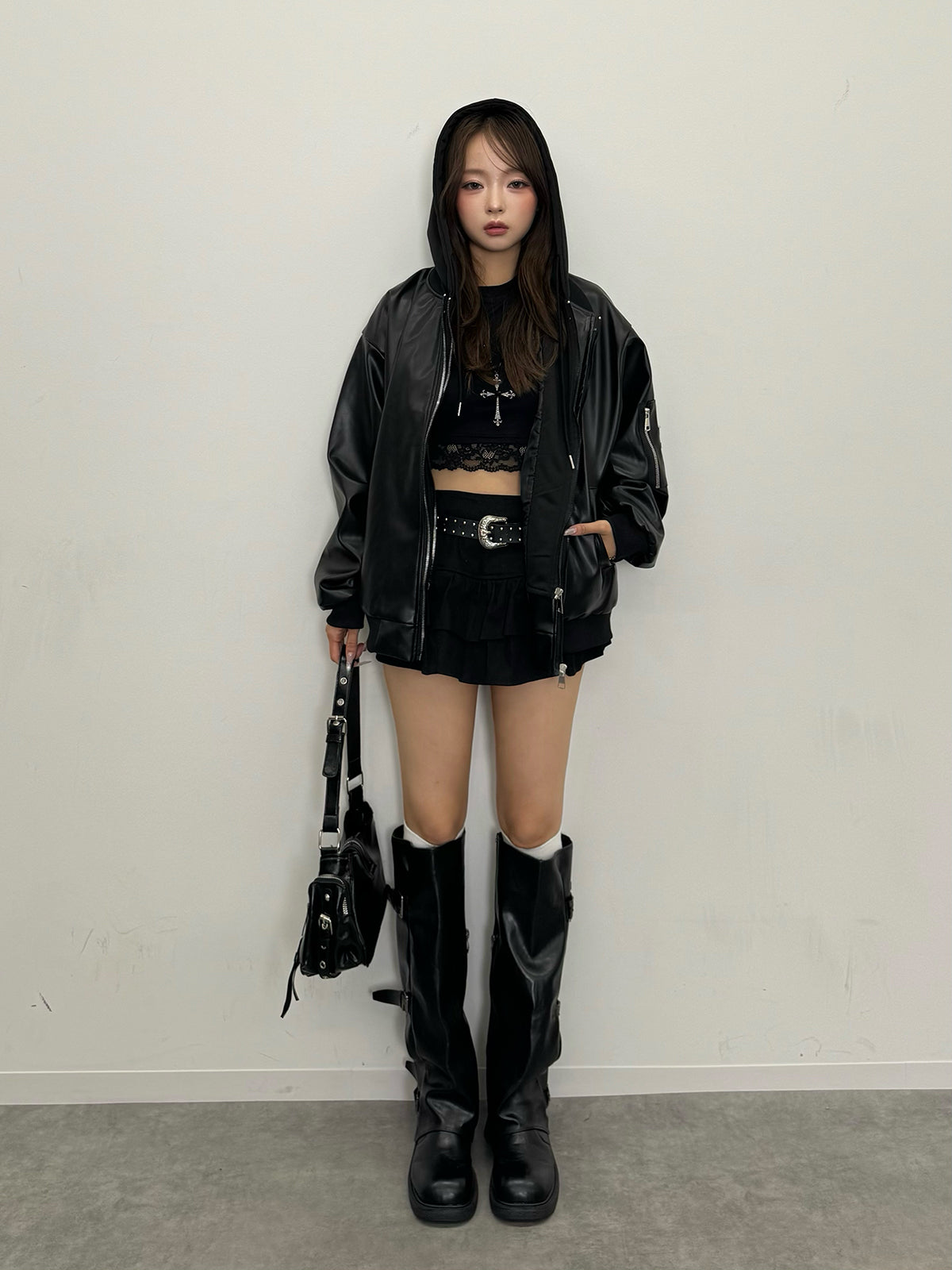 フーディージップレザータッチジャケット