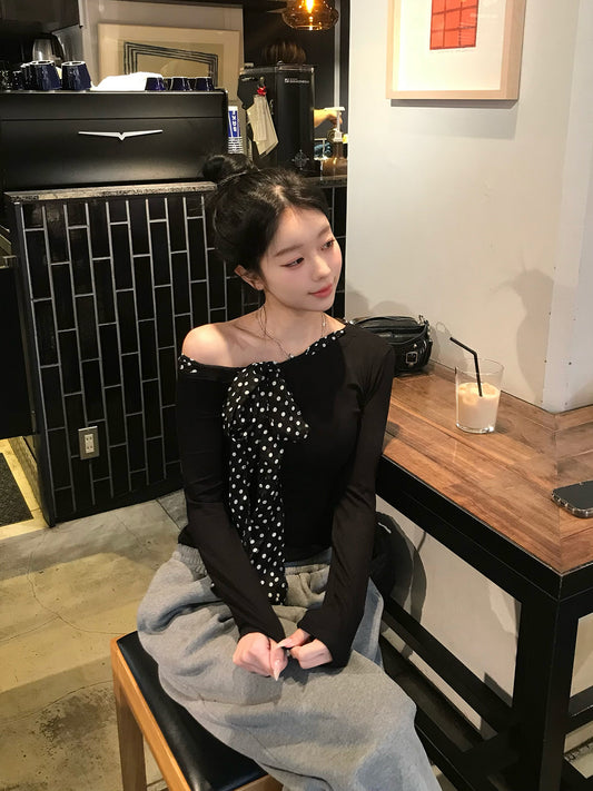 Dot Scarf One-Shoulder Cut and Sew Top
