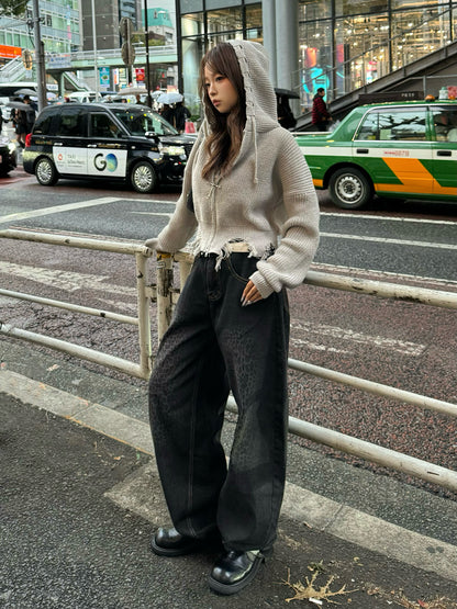 ダメージニットダブルジップパーカー