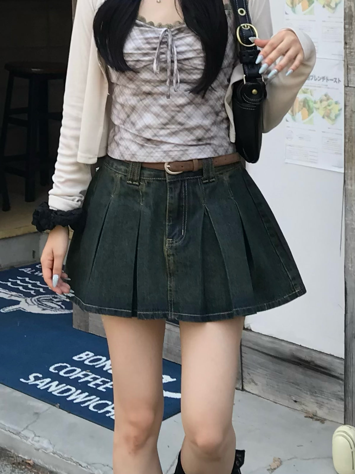 ベルトセットプリーツデニムミニスカート