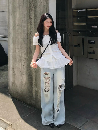 フリルセットペイントダメージデニムパンツ